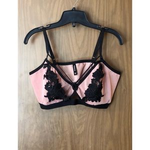 Pink and Black Mesh Bralette with Floral Appliques